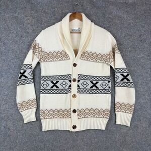 Vintage Kmart Shawl Collar Cardigan Sweater Mens Medium Grandpa Geometric Nordic